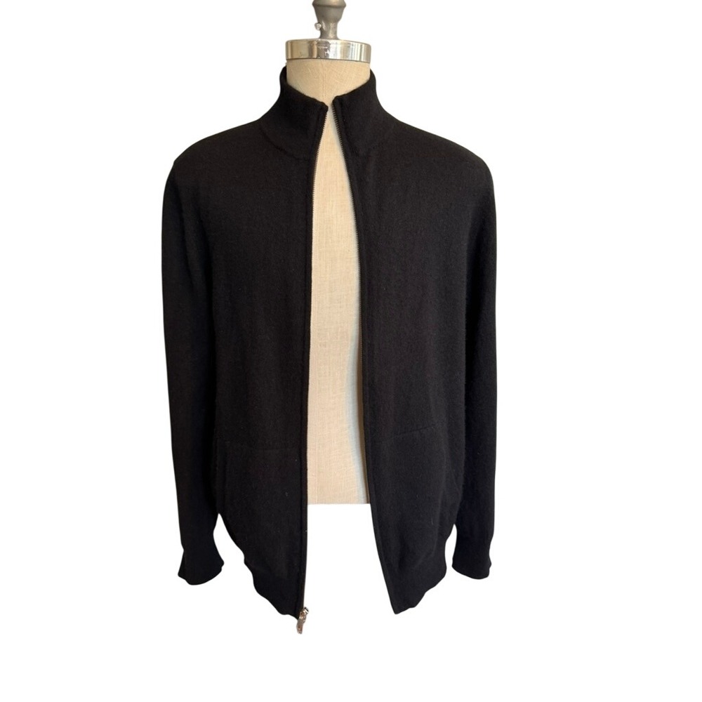 Quince Mens 100% Mongolian Cashmere Full Zip Sweater Black XL Mock Neck Ribbed